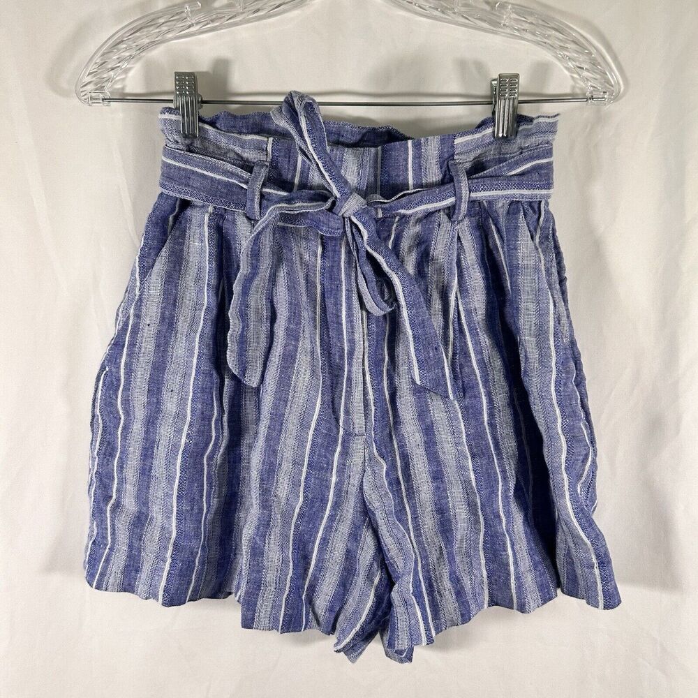 New H&M Linen Blend Shorts Women's 4 Blue White Striped Tie Zip Button 3.5" In